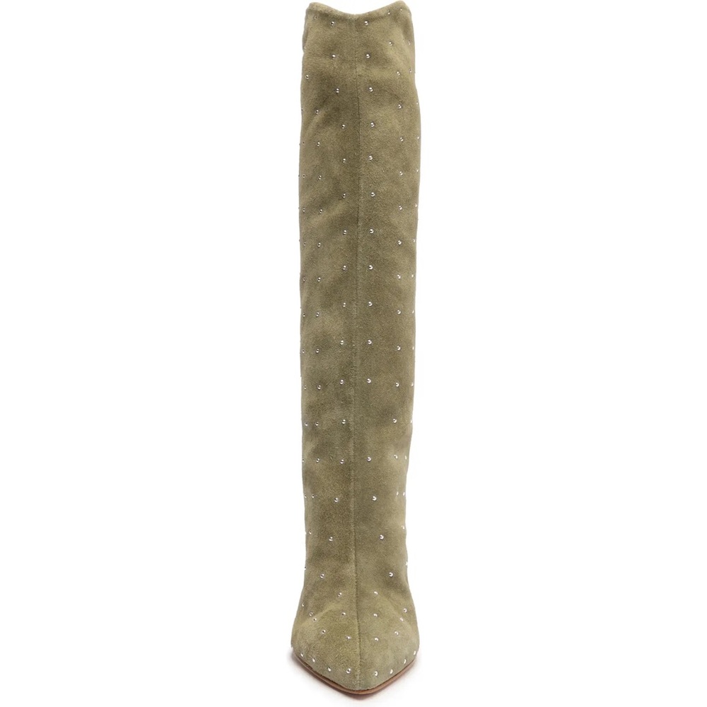 Schutz Olive Green Genuine Leather Embellished Studded Knee High Boots - Picture 5 of 9
